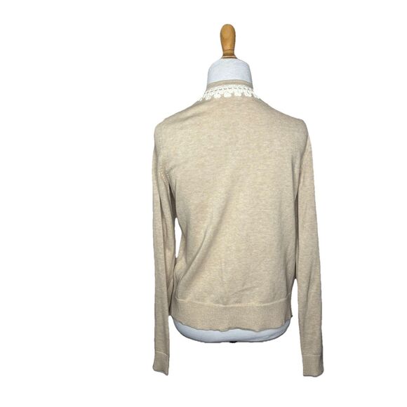 Banana Republic Crochet Knit Trim Oatmeal Heather Cropped Cardigan Sweater Med - Picture 3 of 6